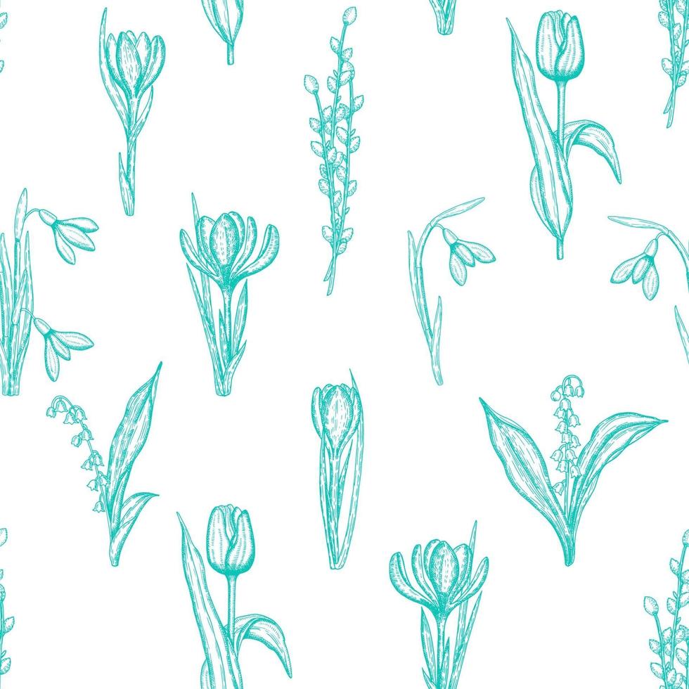 nahtloses Frühlingsmuster mit handgezeichneten Blumenlilien des Tals, der Weide, der Tulpe, des Schneeglöckchens, des Krokus. Muster kann für Tapeten, Webseitenhintergrund, Oberflächentexturen verwendet werden. vektor