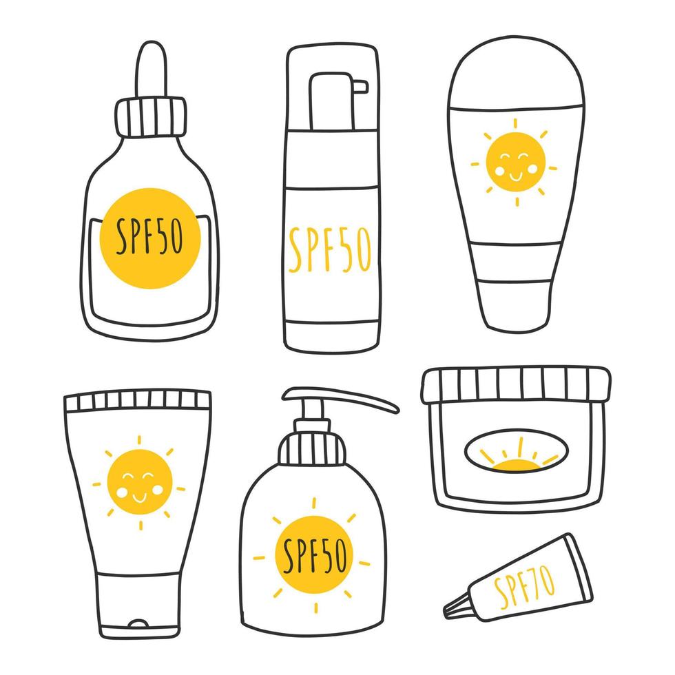 einstellen von Sonnencreme, Lotionen mit spf. Sonnenschutz Schutz und Sonne Sicherheit. Sonnencreme, Lotion mit spf. Sonnenschutz Lotion isoliert. Hand gezeichnet Vektor Illustration. Gekritzel Stil.