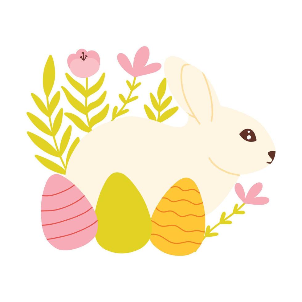 süß Ostern Hase mit Eier. Vektor Illustration. eben Stil. Hase mit Blumen und Eier.