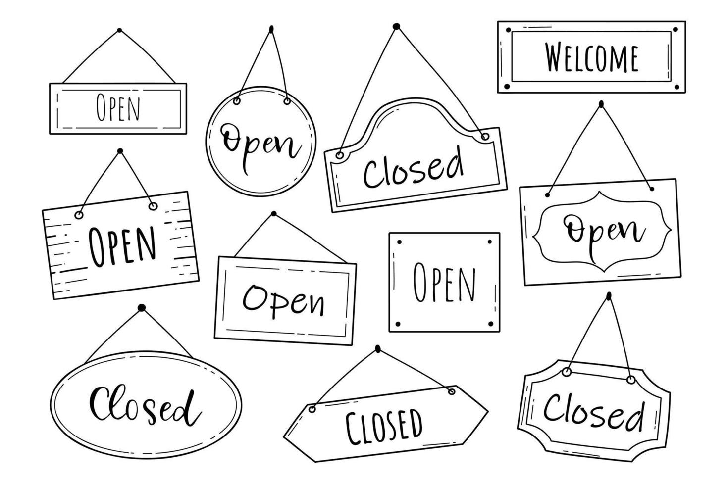 hand dragen uppsättning av öppen och stängd dörr tecken. klotter skiss stil. affär dörr eller fönster öppen märka. vektor illustration.