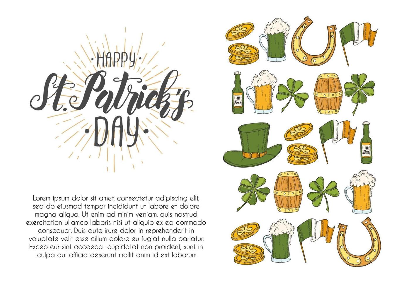 St Patrick's Day affisch med handritade ikoner. st. patrickhatt, hästsko, öl, fat, irländsk flagga, fyrklöver och guldmynt. meny, banner, reklam. bokstäver. gravyr vektor