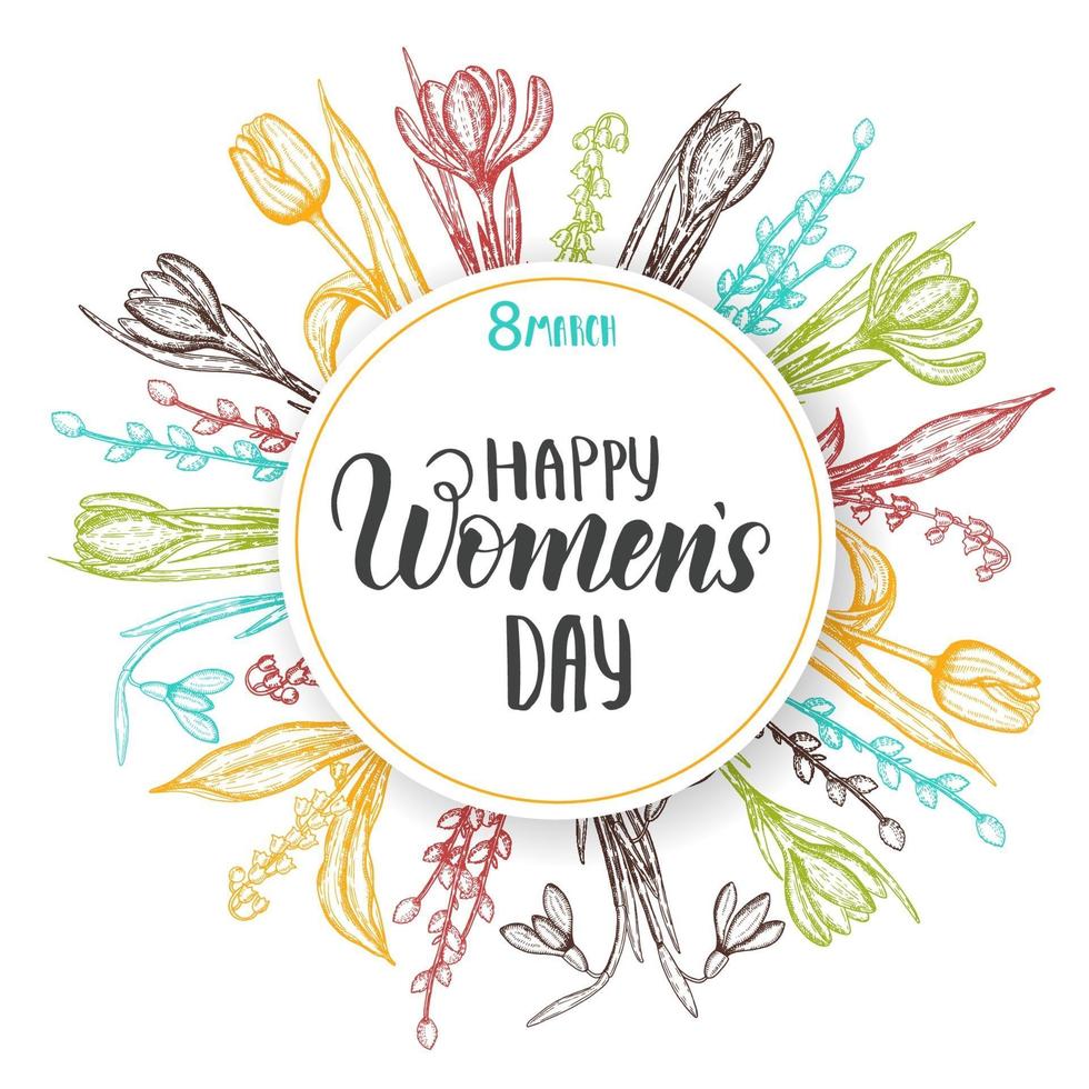 glad kvinnors dag. vektor bakgrund till den 8 mars kvinnodagen. vårkort med bokstäver, ram och handritade färgade blommor-liljekonvaljer, tulpan, pil, snödroppe, krokus