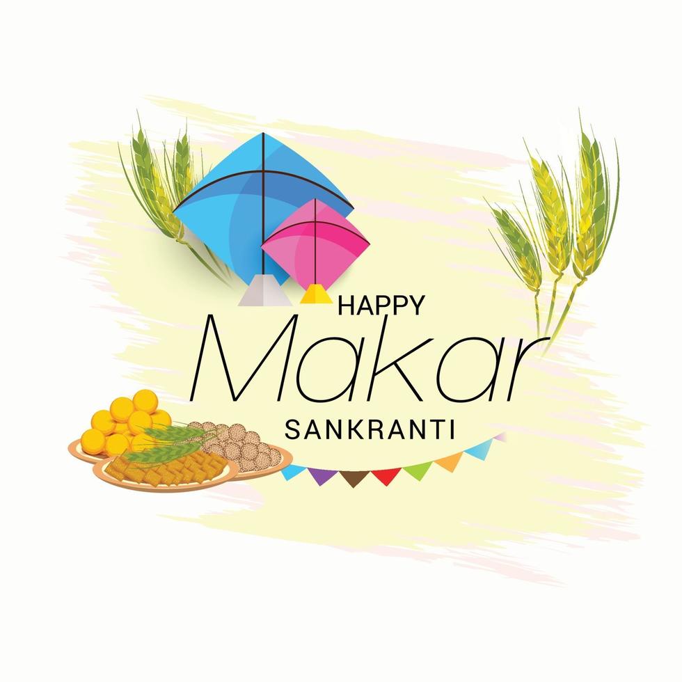 vektorillustration av en bakgrund för traditionell indisk festival firar makar sankranti med färgglada drakar. vektor