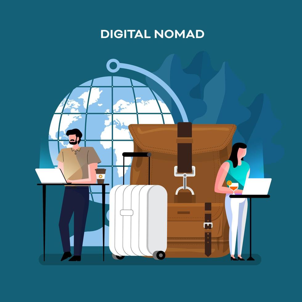 Digital Nomade. Vektor illustration.freiberuflich arbeiten, Karikatur Vektor Illustration im eben Design. Reise und arbeiten, Fernbedienung Arbeit, Freiberufler Lebensstil, Arbeiten im Ausland mit Laptop.