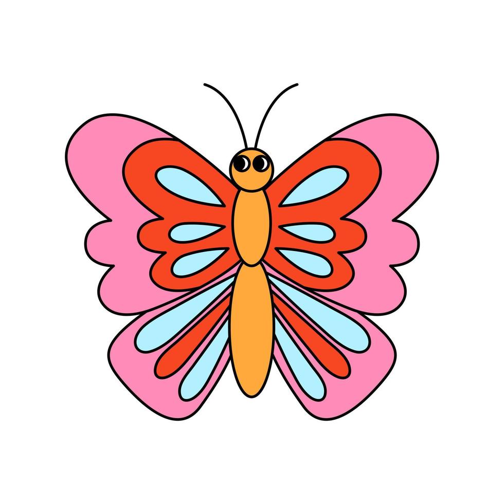 retro 70er Jahre groovig Schmetterling. Karikatur Hippie isoliert Vektor Illustration
