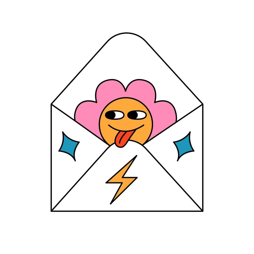 retro 70er Jahre groovig Blume Charakter zeigt an seine Zunge von Umschlag. Nachricht, Email Konzept. Karikatur Hippie isoliert Vektor Illustration