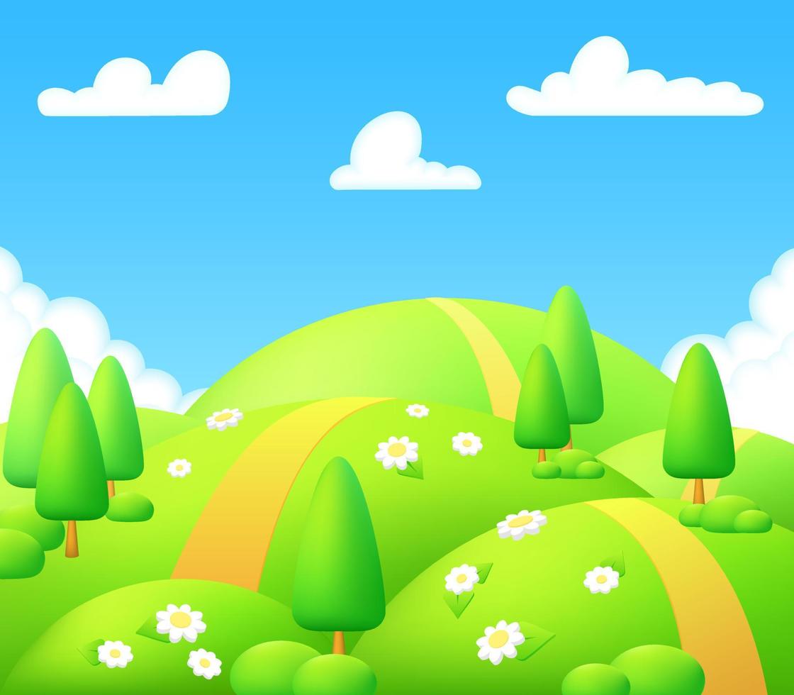äng panorama 3d illustration. ljus landskap av grön dal barn bakgrund. färgrik söt scen med vår grön gräs, träd, kamomill blommor, blå himmel, Sol, moln för barns spel. vektor