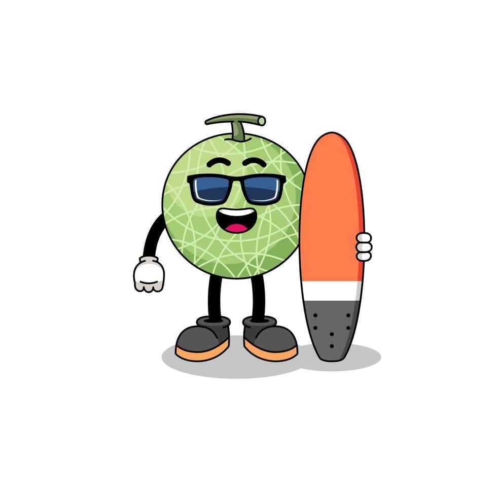 maskot tecknad serie av melon frukt som en surfare vektor
