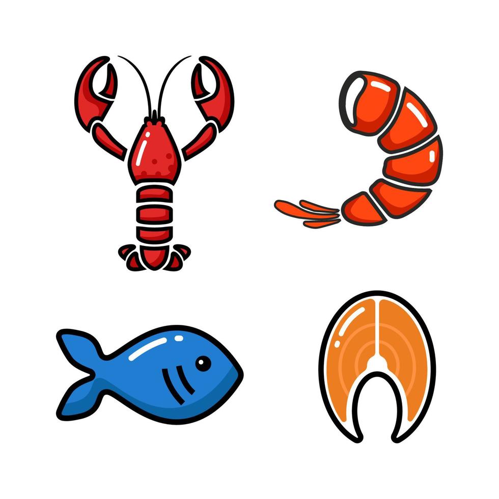 vektor illustration ikon uppsättning. skaldjur samling, hummer, fisk, lax och räka.