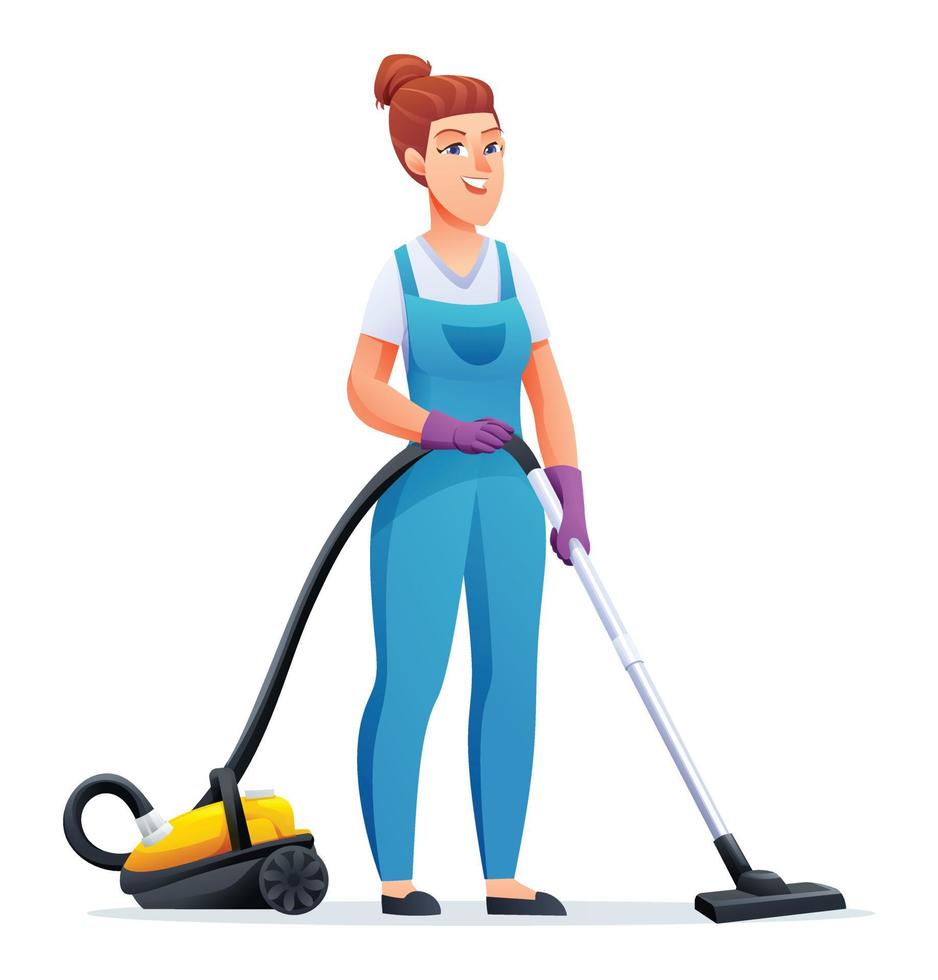 rengöring service kvinna med Vakuum rengöringsmedel. kvinna vaktmästare tecknad serie karaktär vektor