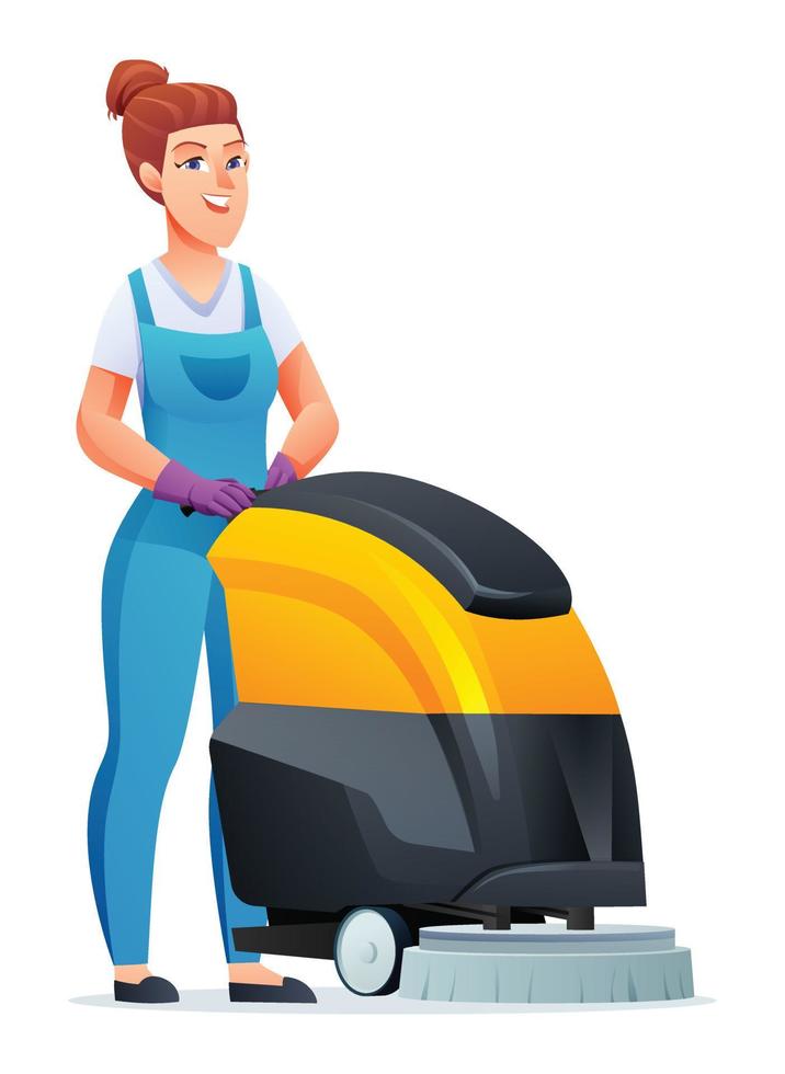 rengöring service kvinna med skrubber maskin. kvinna vaktmästare tecknad serie karaktär vektor