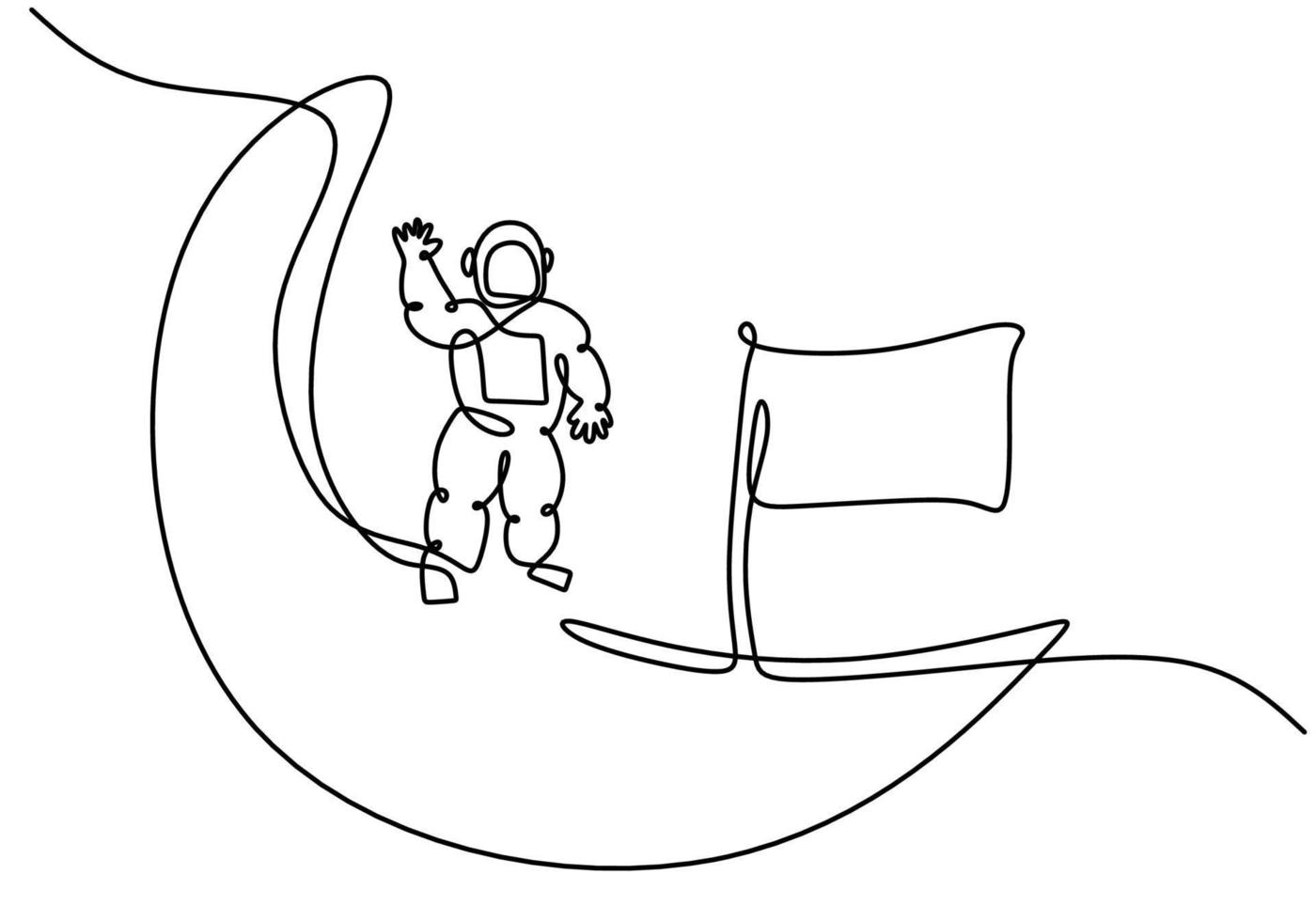 hand teckning ett enda kontinuerlig linje av astronaut på måne vektor
