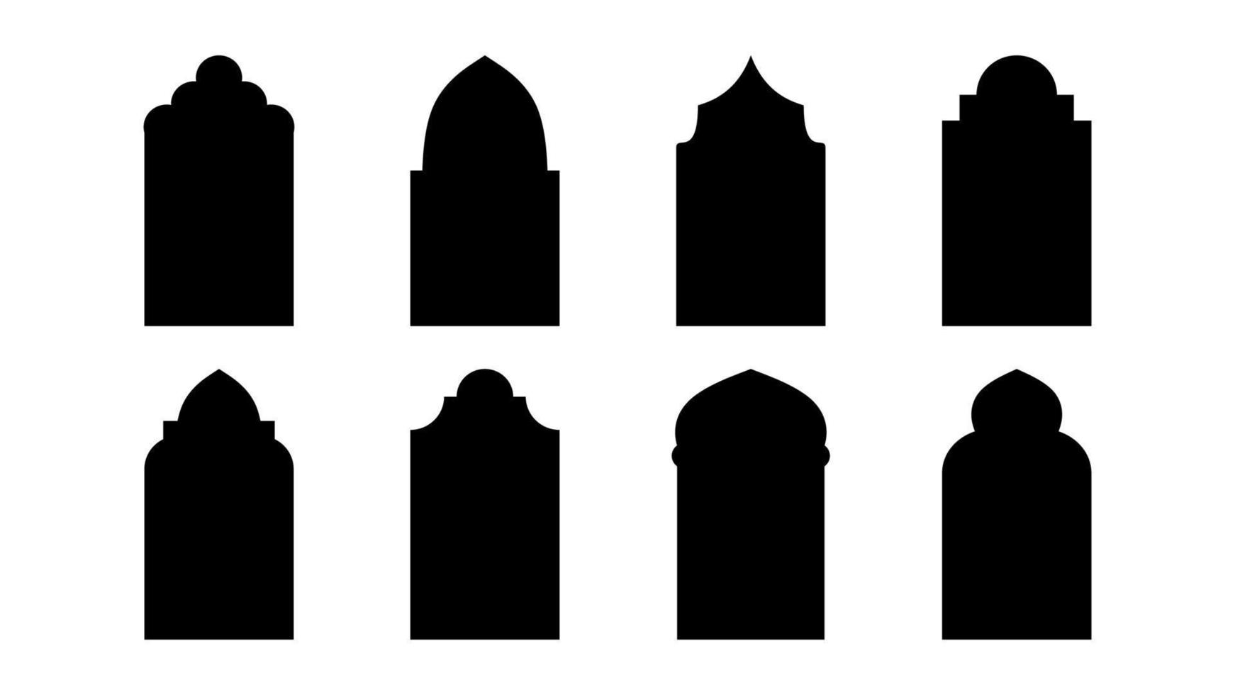 neun Moschee Fenster Silhouette isoliert auf Weiß Hintergrund. vektor