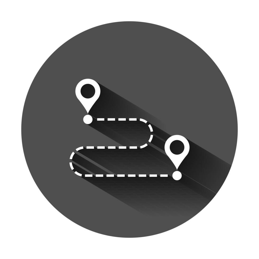 flytta plats ikon i platt stil. stift gps vektor illustration på svart runda bakgrund med lång skugga. navigering företag begrepp.