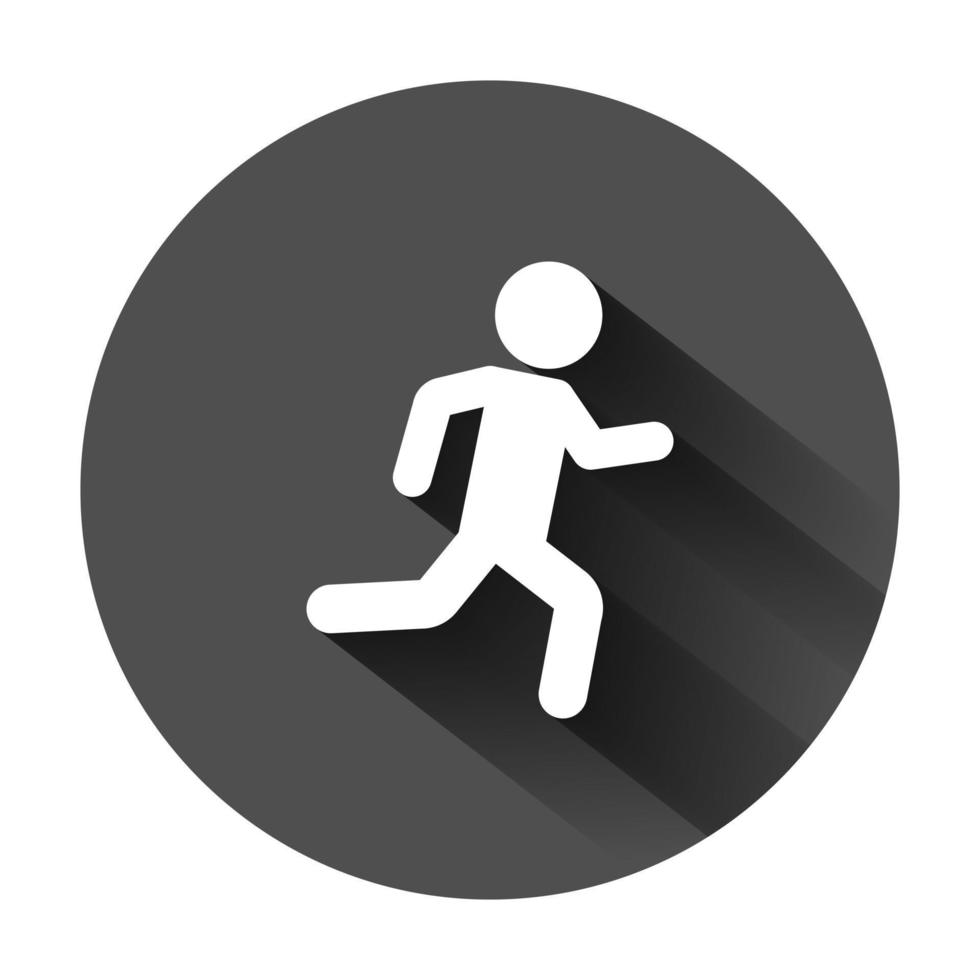 Laufen Menschen Zeichen Symbol im eben Stil. Lauf Silhouette Vektor Illustration auf schwarz runden Hintergrund mit lange Schatten. Bewegung Joggen Geschäft Konzept.