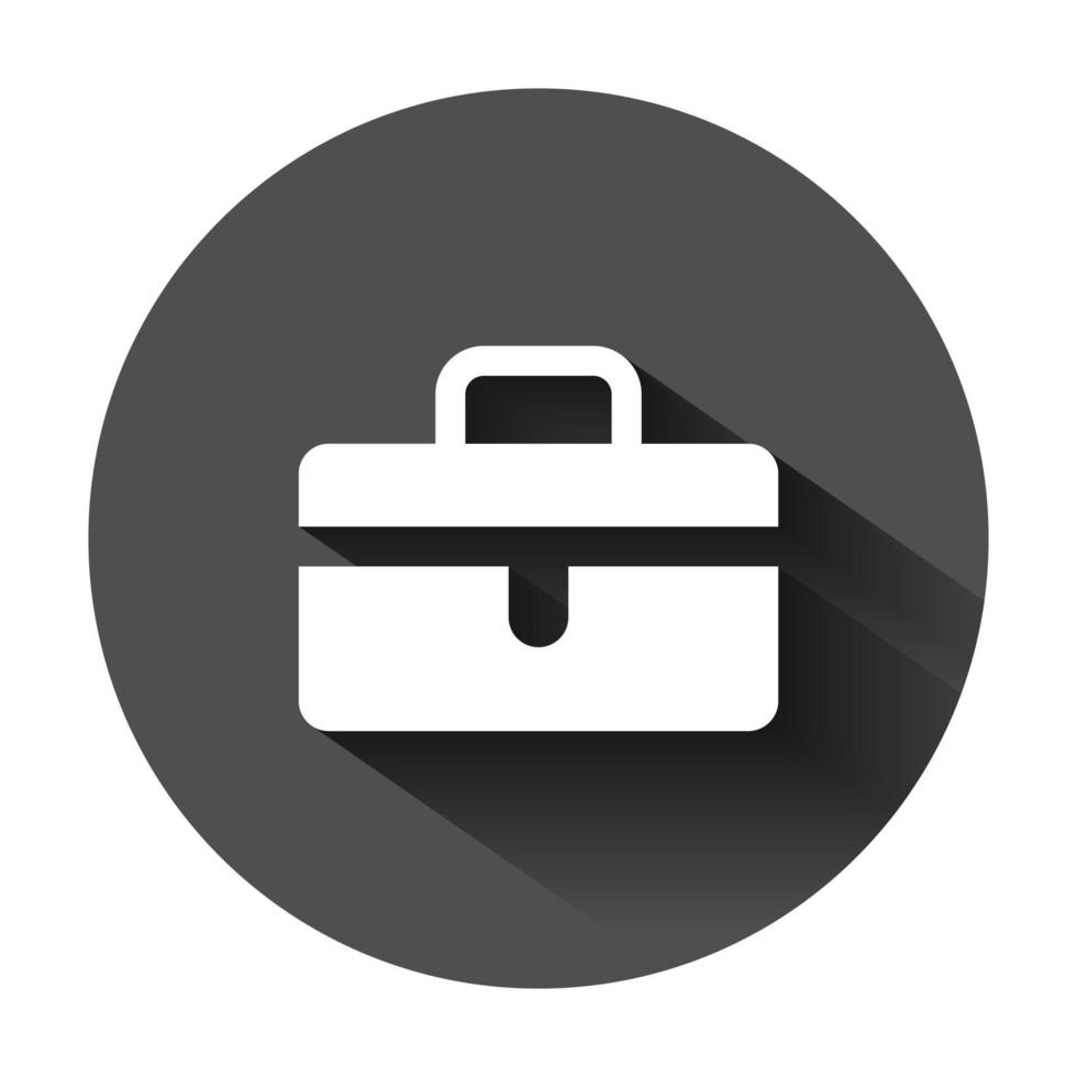 Aktentasche Zeichen Symbol im eben Stil. Koffer Vektor Illustration auf schwarz runden Hintergrund mit lange Schatten. Gepäck Geschäft Konzept.