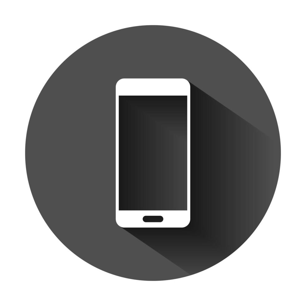 Telefon Gerät Zeichen Symbol im eben Stil. Smartphone Vektor Illustration auf schwarz runden Hintergrund mit lange Schatten. Telefon Geschäft Konzept.