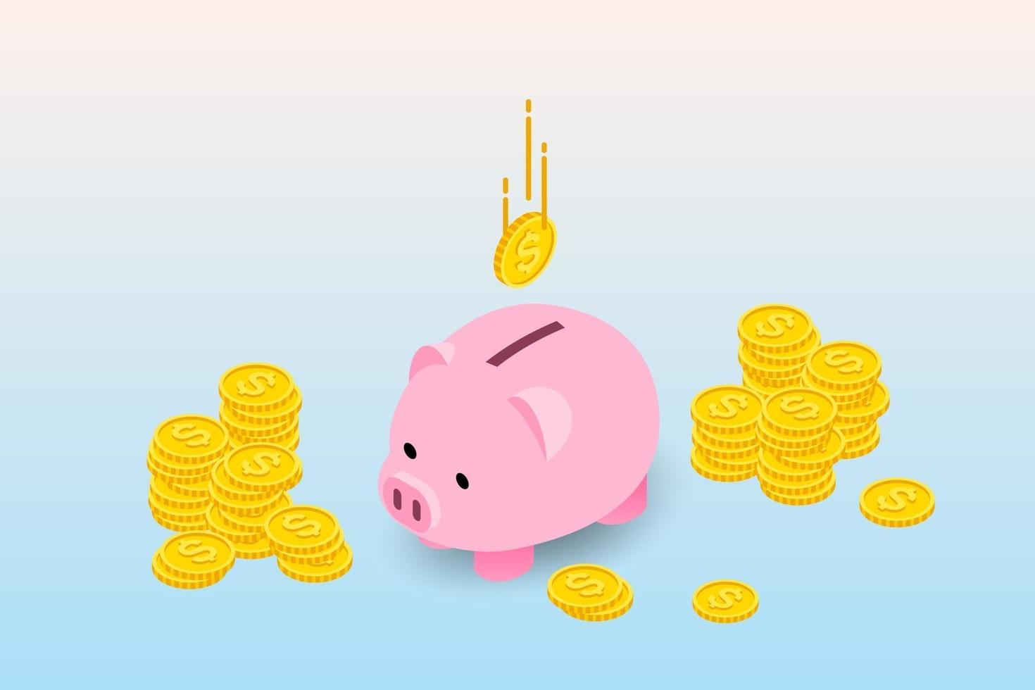 isometrisches Design des Sparschweins mit Münzen und fallenden Münzen. das Geldsammelkonzept, Einzahlung für zukünftige Investitionen in Finanzinstitute. vektor