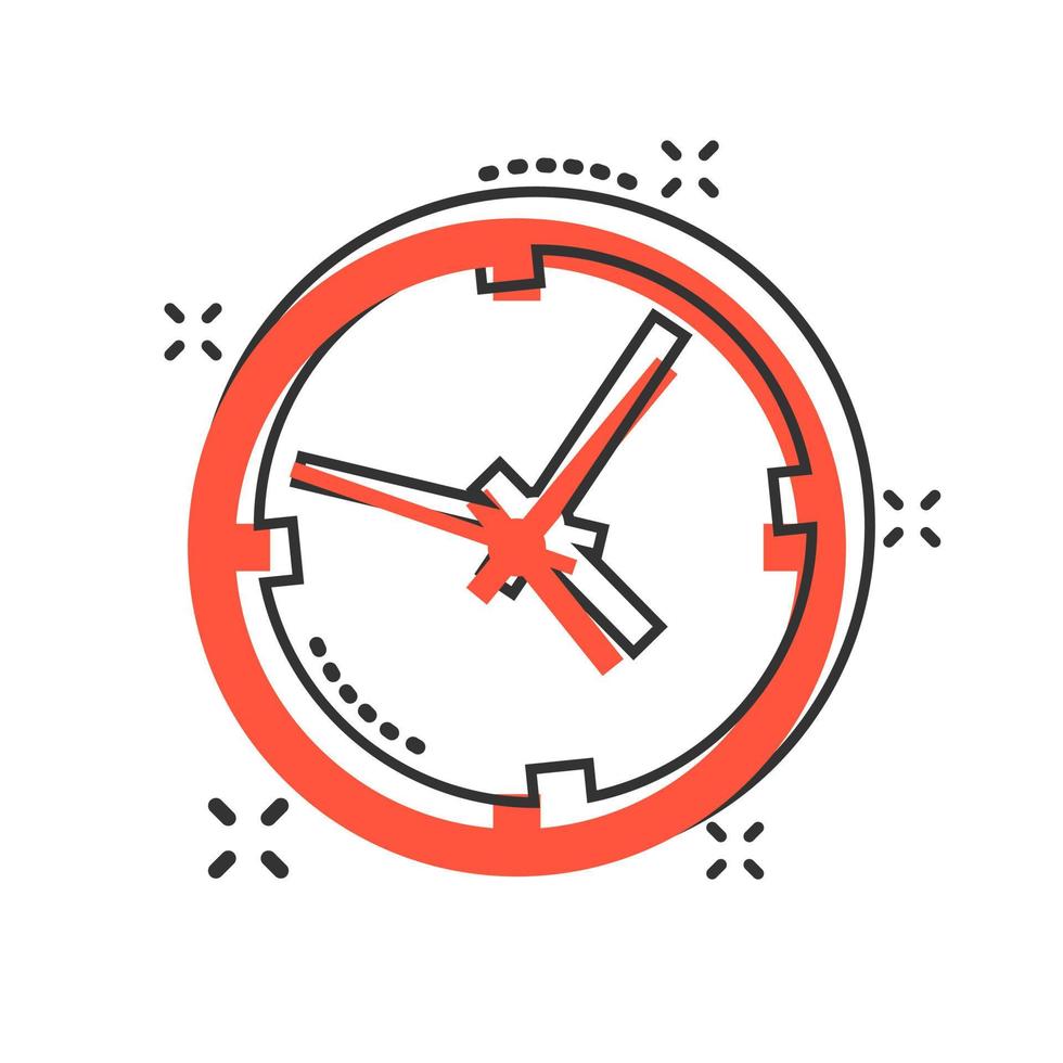 Uhr-Schild-Symbol im Comic-Stil. Zeitmanagement-Vektor-Cartoon-Illustration auf weißem, isoliertem Hintergrund. Timer-Geschäftskonzept-Splash-Effekt. vektor