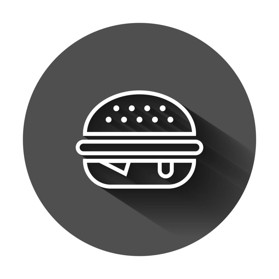 burger tecken ikon i platt stil. hamburgare vektor illustration på svart runda bakgrund med lång skugga. ostburgare företag begrepp.