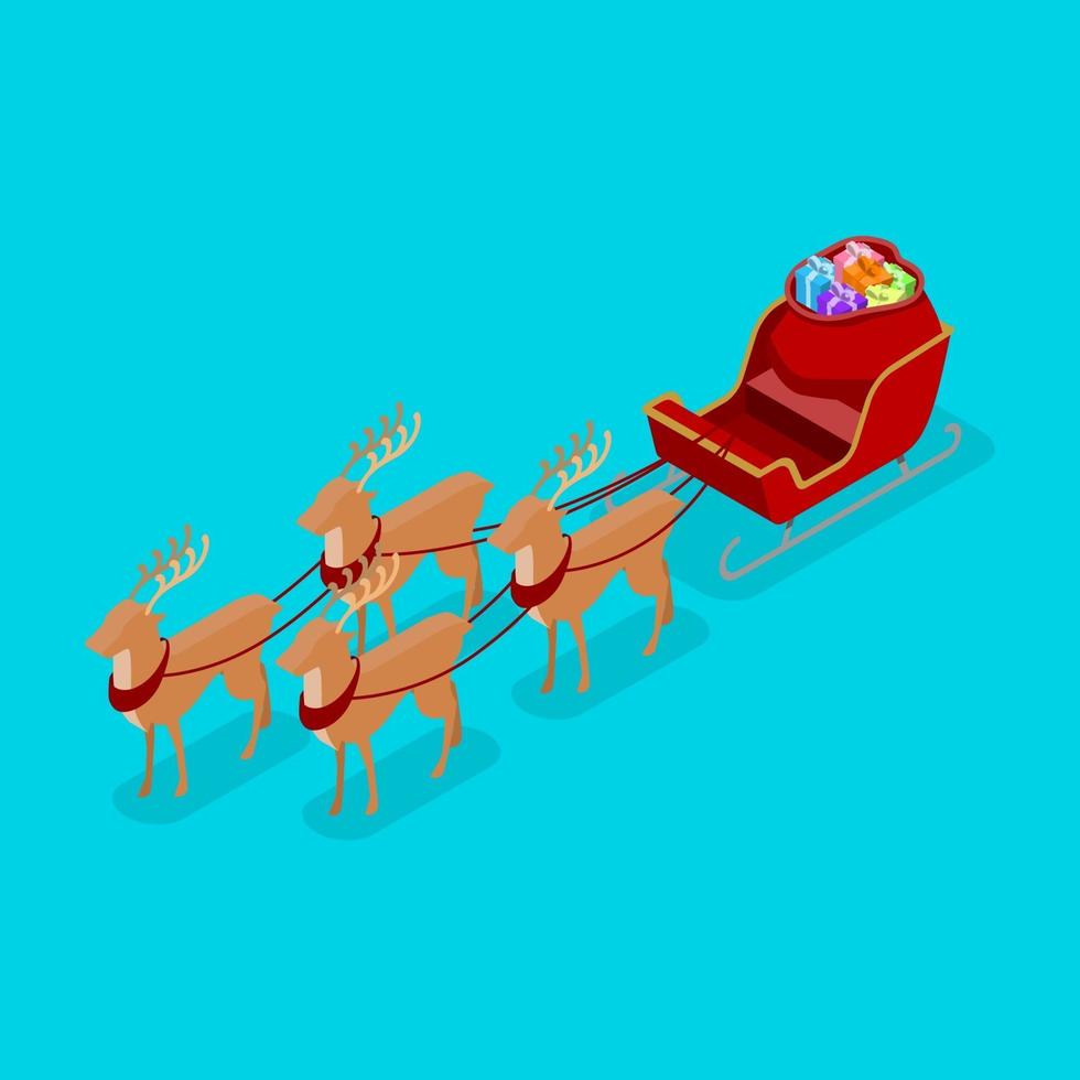 roter Weihnachtsschlitten mit vier Hirschen und großer Geschenktüte, isometrischer Vektorstil. vektor