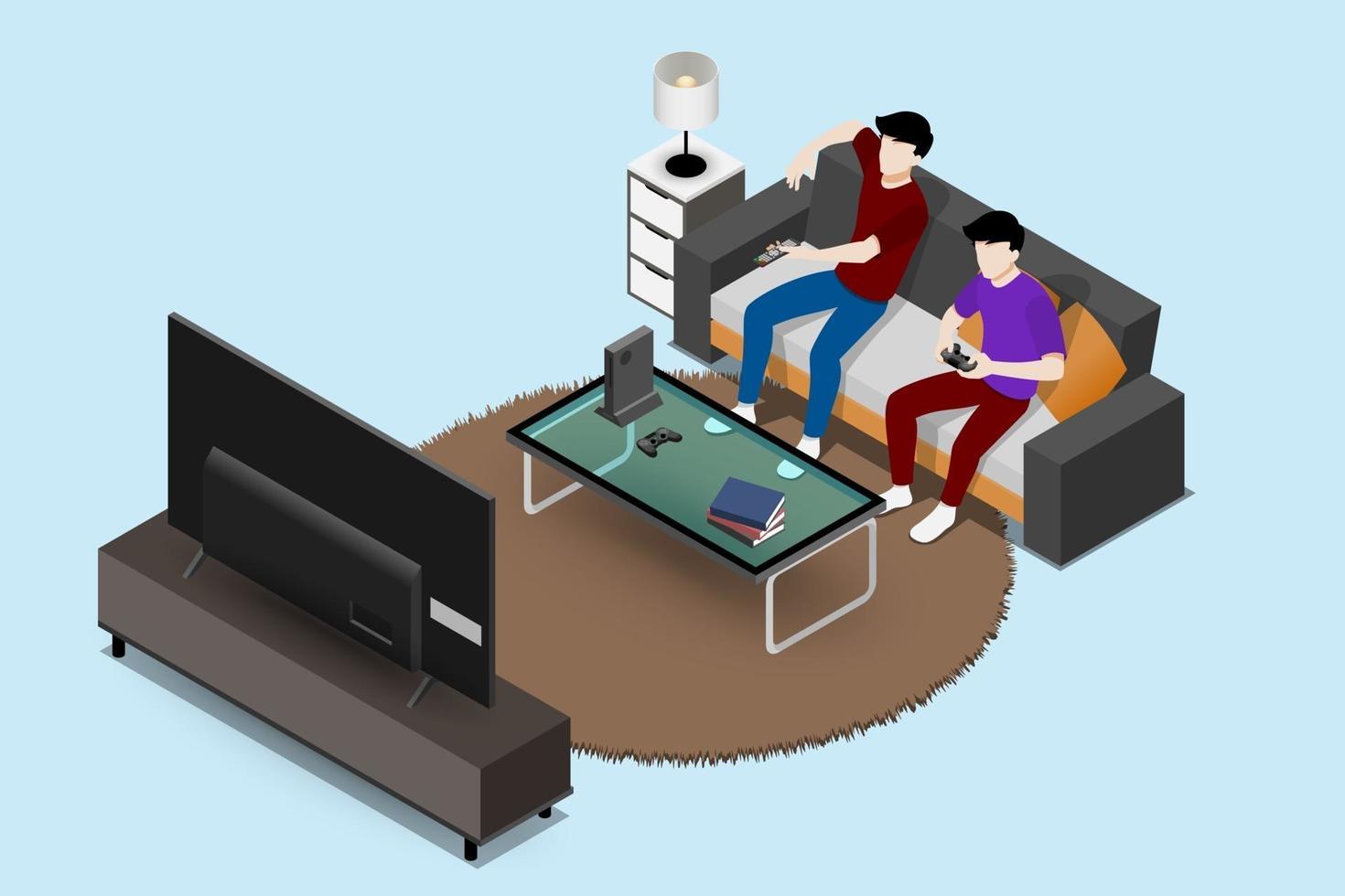 Paar Männer Charakter spielen eine Spielekonsole auf großen LED-Bildschirm TV und sitzen auf dem Sofa in einem Wohnzimmer für die Unterhaltung in modernen Haus Interieur-Konzept. Vektor flach isoliert Illustration Design.