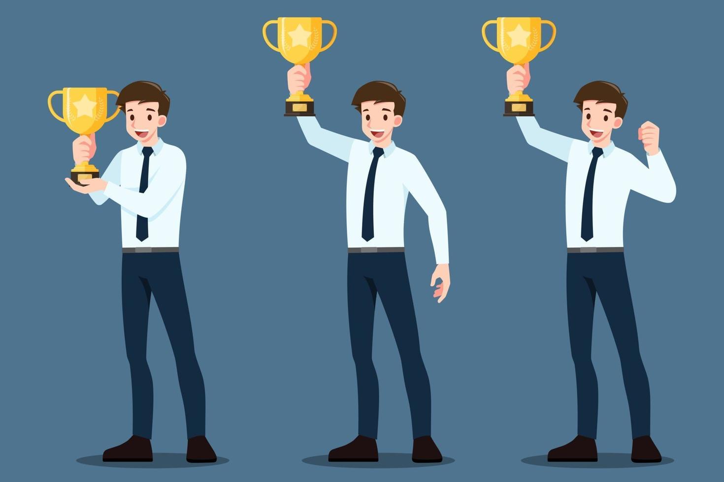 uppsättning av en framgångsrik ung affärsman som lyfter upp och håller guld trofé cup. vinnare eller ledare manlig karaktär med affärsframgångskoncept. vektor