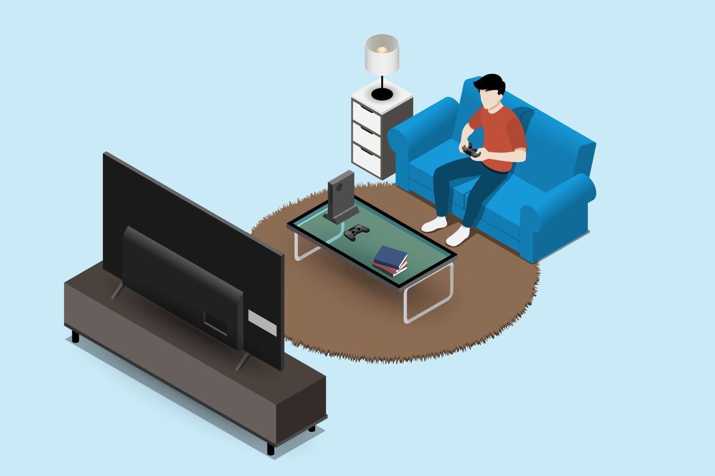 Manncharakter, der eine Spielekonsole auf großem LED-Fernsehbildschirm spielt und auf Sofa in einem Wohnzimmer für Unterhaltung im modernen Hausinnenraumkonzept sitzt. Vektor flach isoliert Illustration Design.