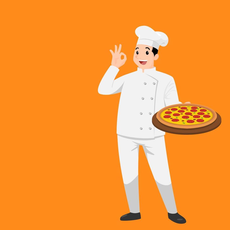 glücklicher Koch, Karikaturporträt des jungen Kochs, der Hut und Kochuniform trägt, die Platte der köstlichen Pizza hält und ok Zeichengeste tut. vektor