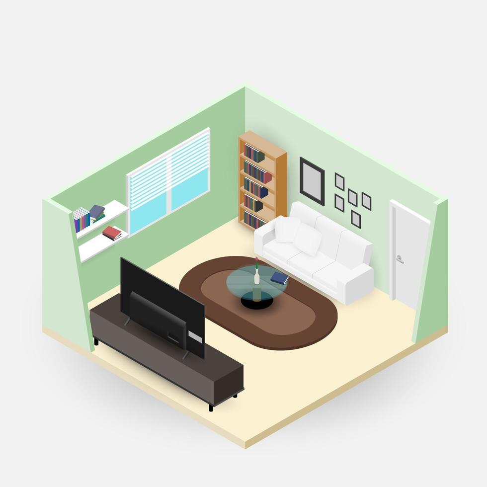 konceptrum, isometrics 3d-komposition med en soffa och en stor widescreen-tv, ett vardagsrum med många möbler, ett fönster och en dörr öppen vektor modern design.