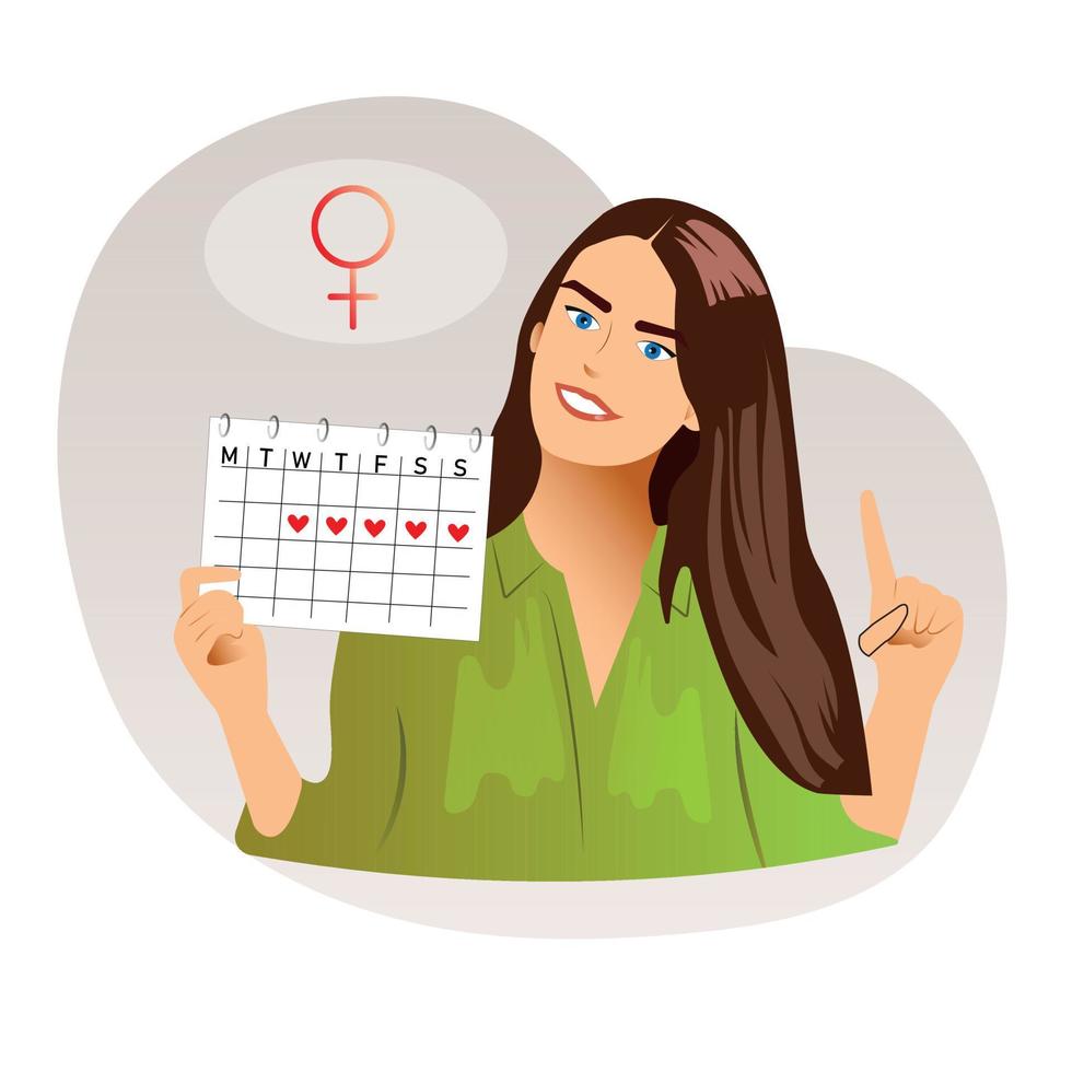 platt ung kvinna mark datum av menstruations- perioder i kalender. menstruation cykel kontrollera eller graviditet planera. pms tracker eller ägglossning dag. begrepp av kvinnor hälsa, förutsägelse av bördig dagar. vektor
