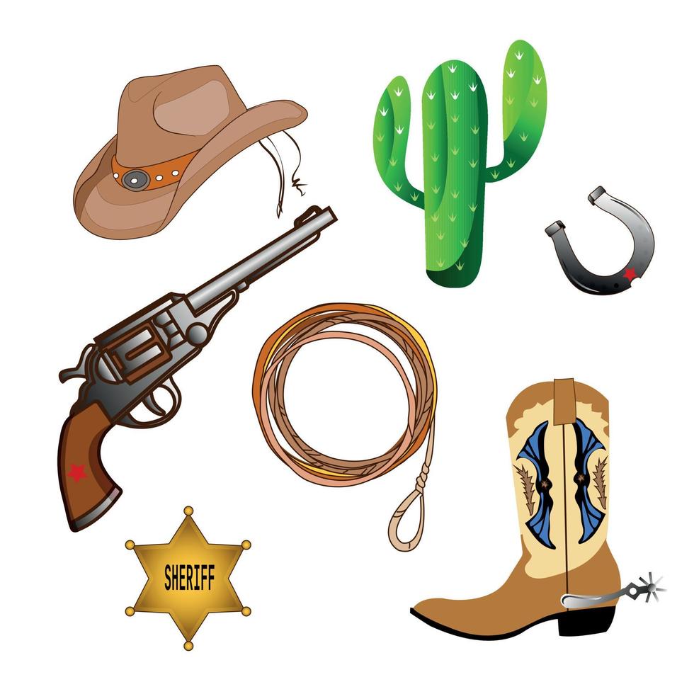 cowboy Västra tema, vild väst begrepp. olika objekt. stövlar.,pistol, hatt, lasso, kaktus, hästsko. sheriff bricka stjärna. hand dragen färgrik vektor uppsättning. Allt element är isolerade