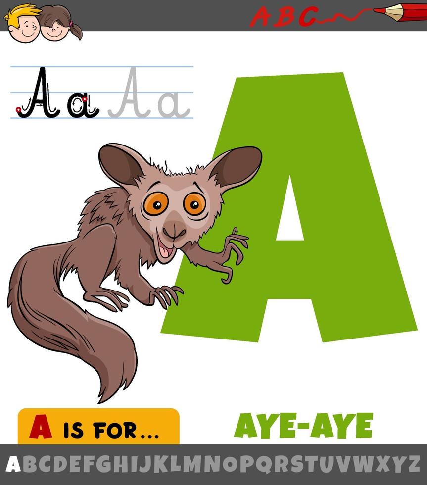 Buchstabe a aus Alphabet mit Cartoon-Aye-Aye-Tiercharakter vektor