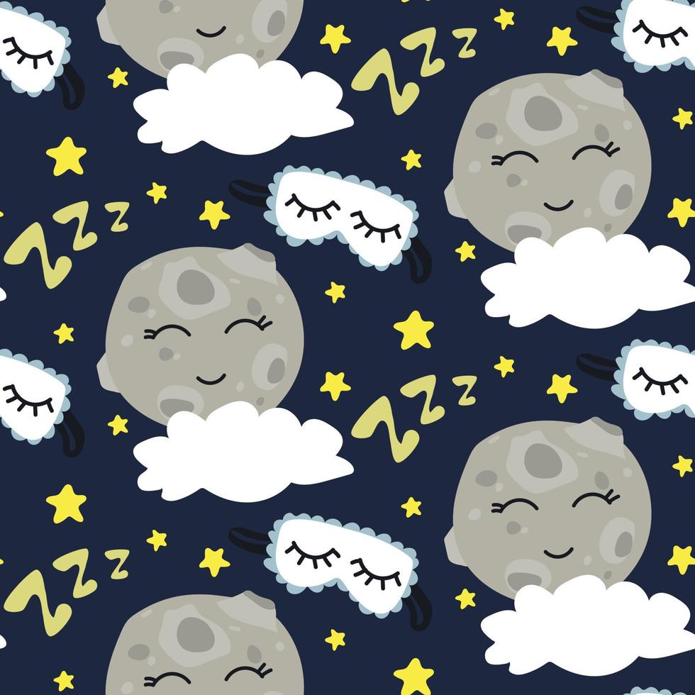 en mönster med en söt måne och en pannband för sovande, stjärnor, moln på blå. barns illustration. utskrift på papper och textilier. gåva omslag, bakgrund för vykort, baner, tyg. vektor