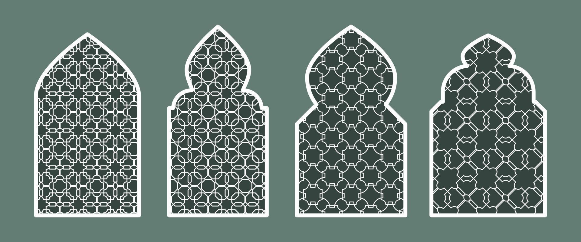 Sammlung von islamisch Fenster und Bögen im das orientalisch Ramadan Stil mit ein modern Design. Textur auf das Fenster. Islam, Indien, östlichen Länder. ein einstellen von Fenster und Türen von anders Farben vektor