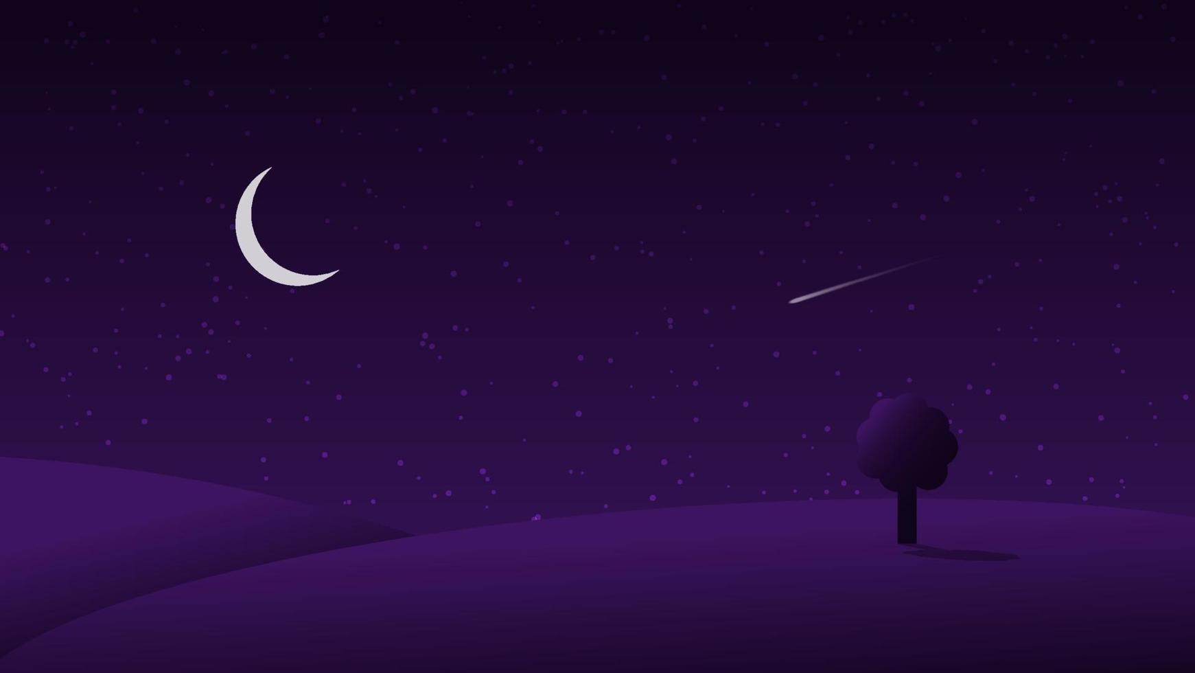 natt landskap tecknad serie scen. mörk kulle med halvmåne måne och meteor i starry himmel vektor