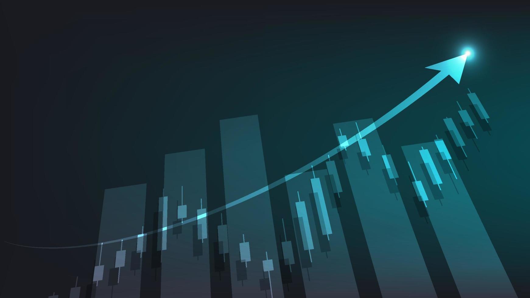 Wirtschaft Situation Konzept. finanziell Geschäft Statistiken mit Bar Graph und Leuchter Diagramm mit Aufwärtstrend Pfeil Show Lager Markt Preis und Währung Austausch auf Grün Hintergrund vektor