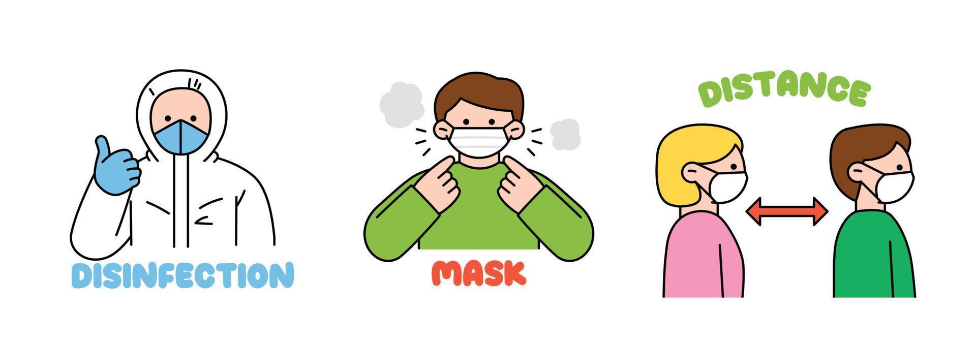 en manuell till skydda mot virus. en person bär en skyddande Kläder. en person bär en mask. ha kvar din distans från de person i främre av du. vektor