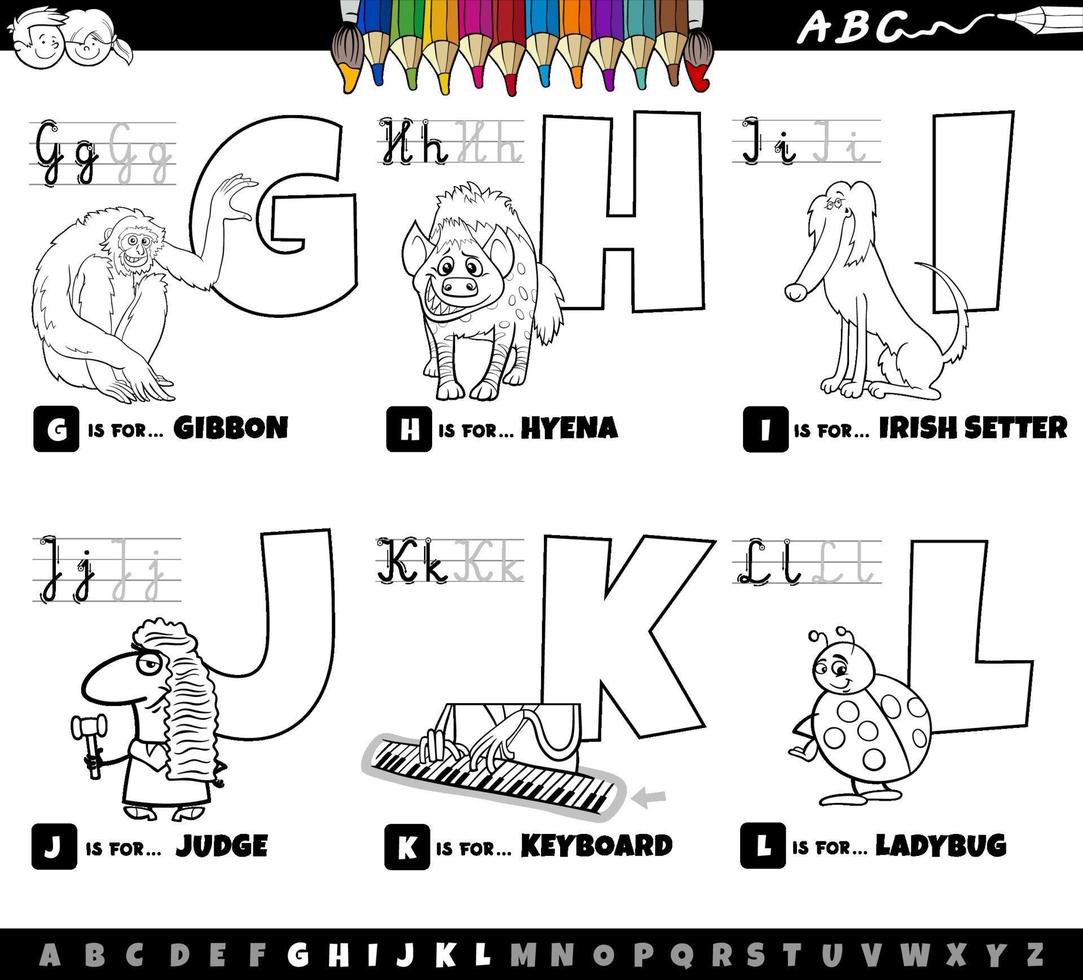 pädagogische Cartoon Alphabet Buchstaben von g bis l Farbbuch Seite gesetzt vektor