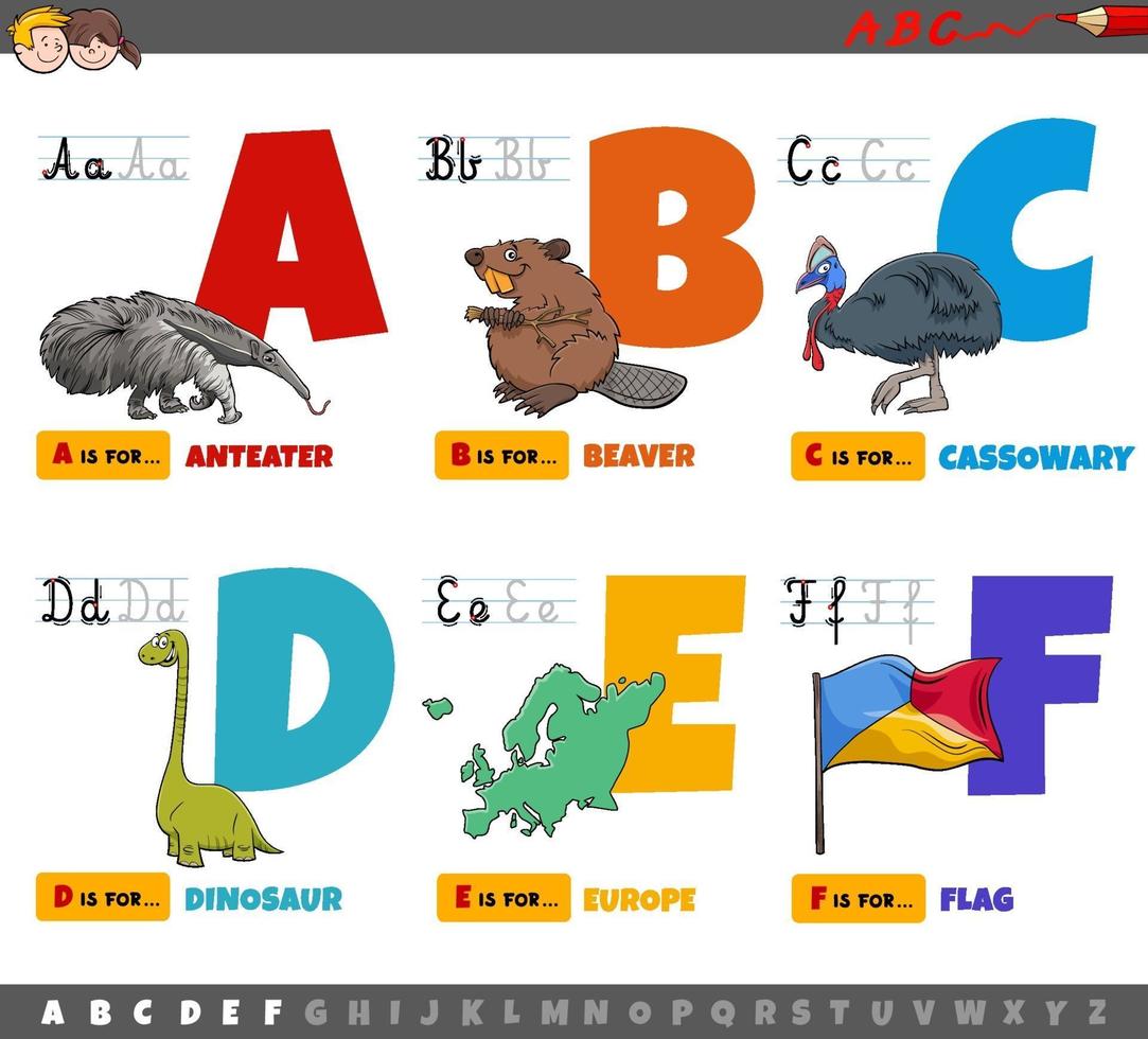 pedagogiska tecknade alfabetbokstäver för barn från a till f vektor