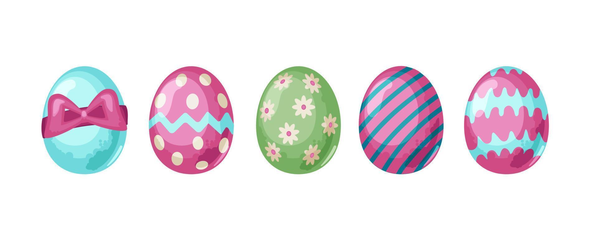 Lycklig påsk. samling av ägg med annorlunda texturer, mönster, och festlig dekorationer på en vit bakgrund. vår Semester. vektor platt illustration