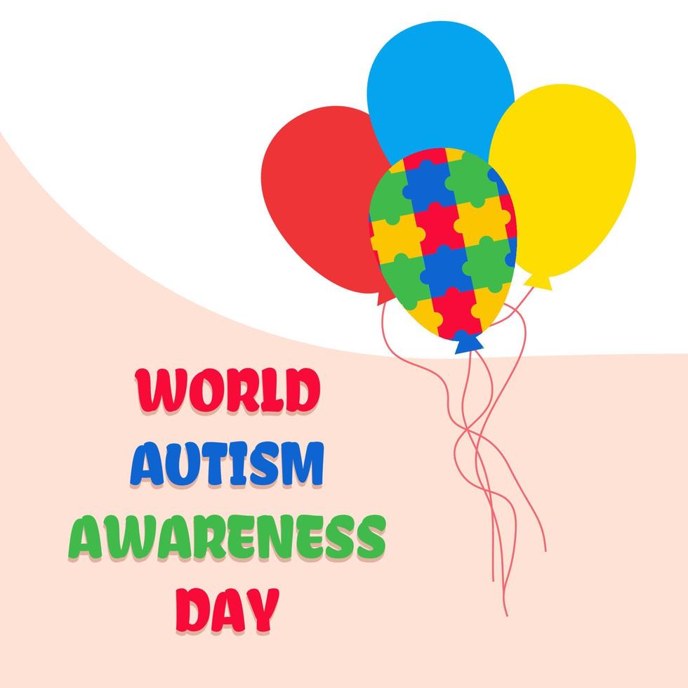 värld autism dag medvetenhet affisch med en färgrik ballong tillverkad av pussel bitar flygande bort från de rad av röd ballonger. stående ut av de folkmassan. vektor illustration.