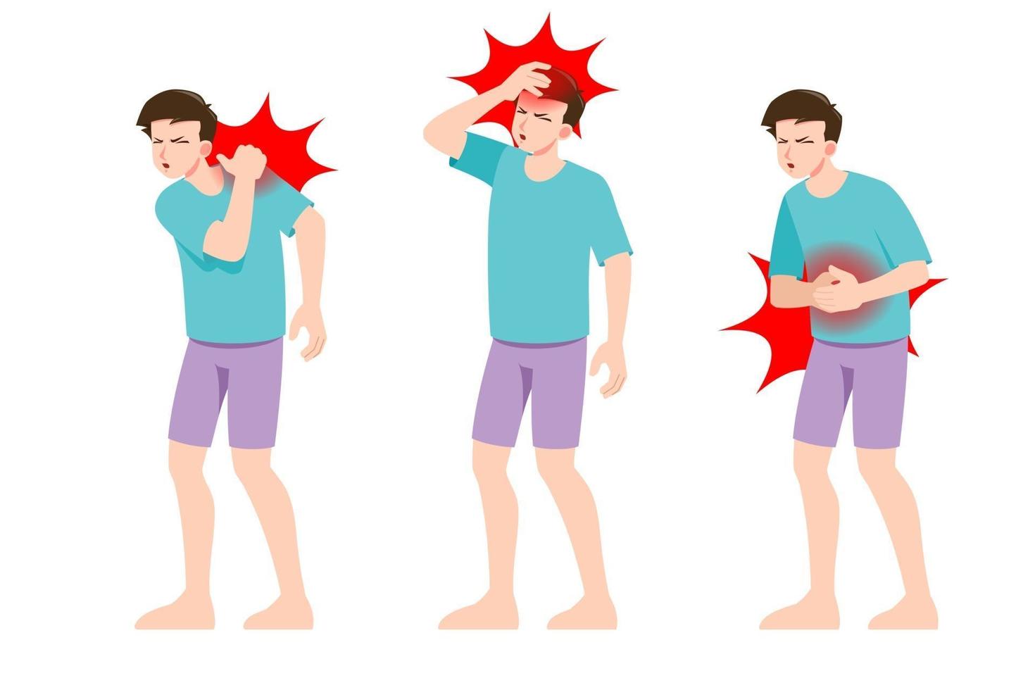 uppsättning man känner smärta i olika delar av kroppen. personer i migrän nacke och huvudvärk, ryggvärk och magont smärtsamma zoner. vektor