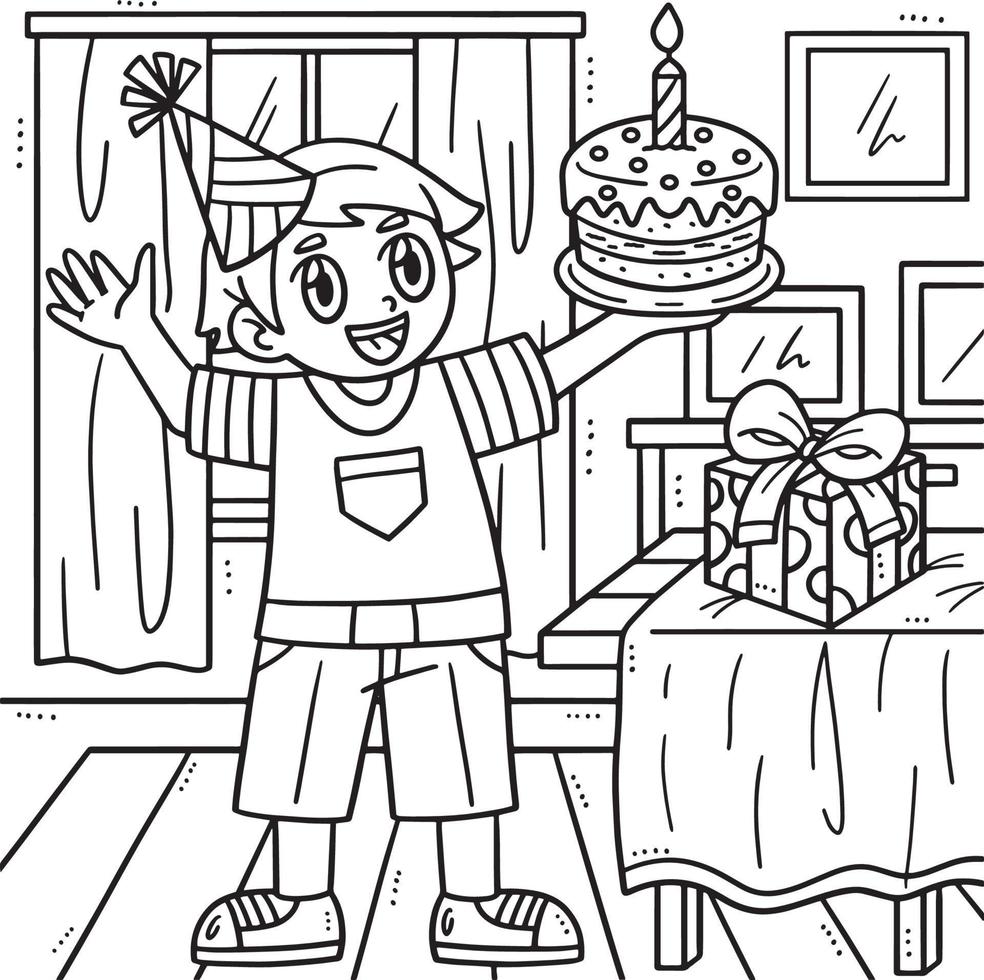 Geburtstag Junge halten ein Kuchen Färbung Seite zum Kinder vektor