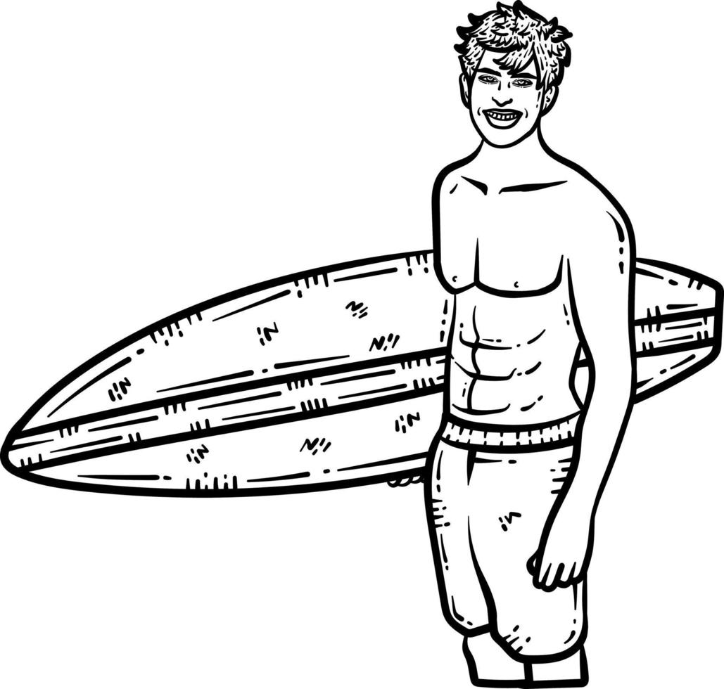 Sommer- Mann mit ein Surfbrett Linie Kunst Färbung Seite vektor