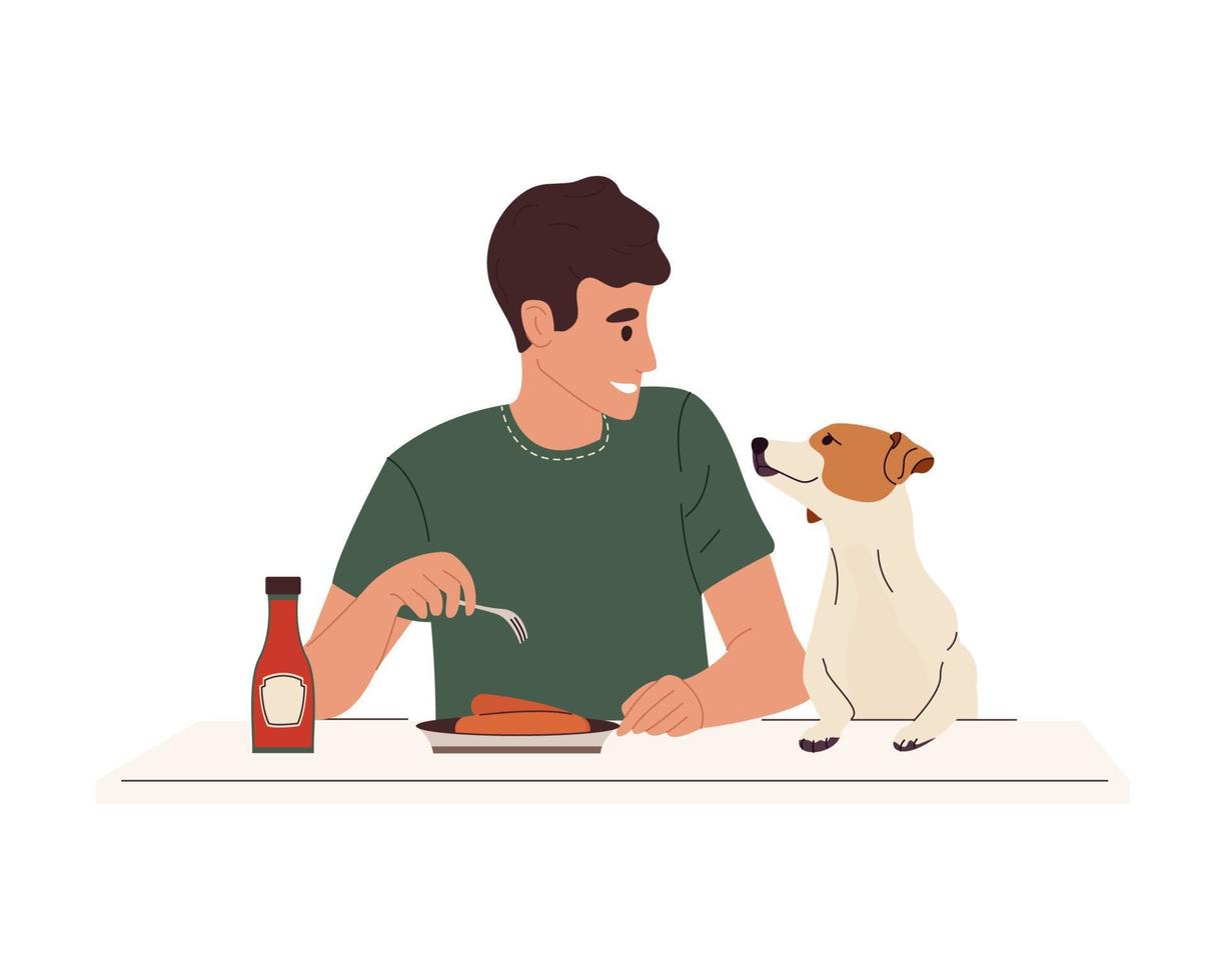 Lycklig person sällskapsdjur ägare Sammanträde på tabell med hund, äter mat. sällskapsdjur frågar för en korv från man. ohälsosam vana av djur. Färg platt vektor illustration isolerat på vit bakgrund