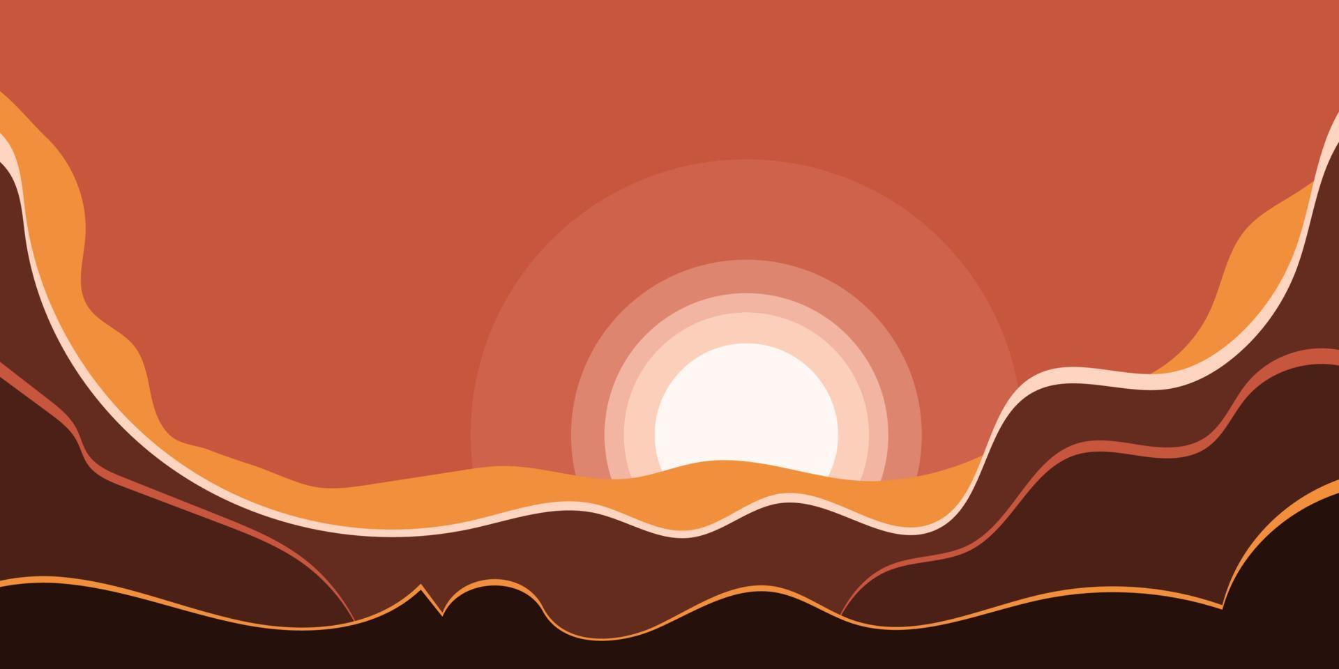 abstrakt retro landskap med bergen och solnedgång. sommar vågig bakground i årgång färger. modern platt vektor illustration för vägg dekor, affisch, omslag design