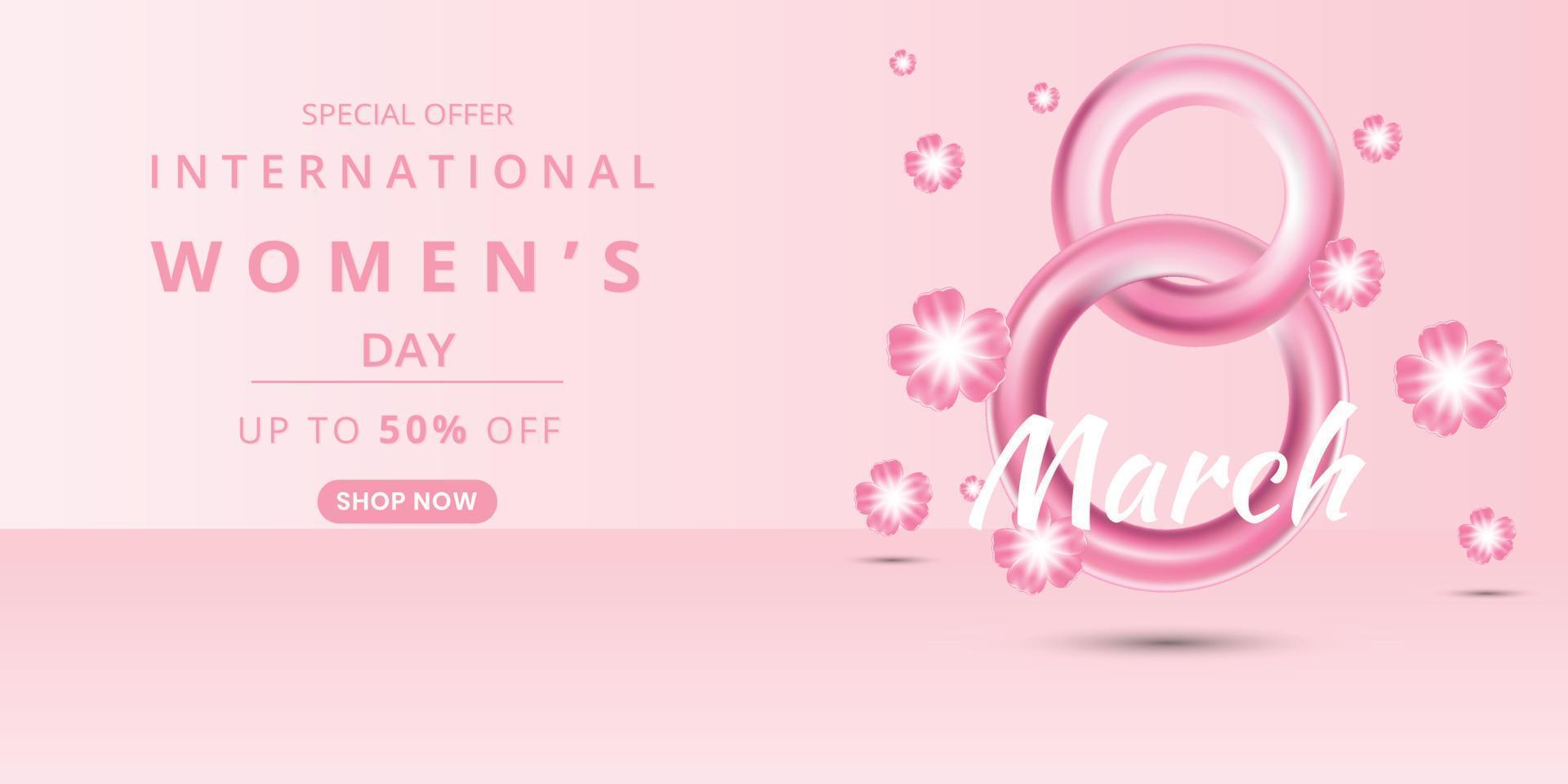 März 8 International Damen Tag Verkauf Banner Vorlage mit Rosa Nummer acht Vektor