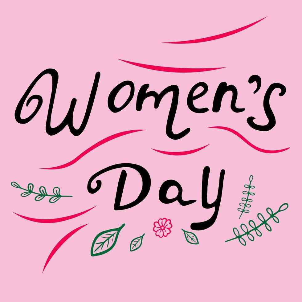 vektor illustration. kvinnor dag text på rosa bakgrund. hälsning kort med dekorativ hand dragen element