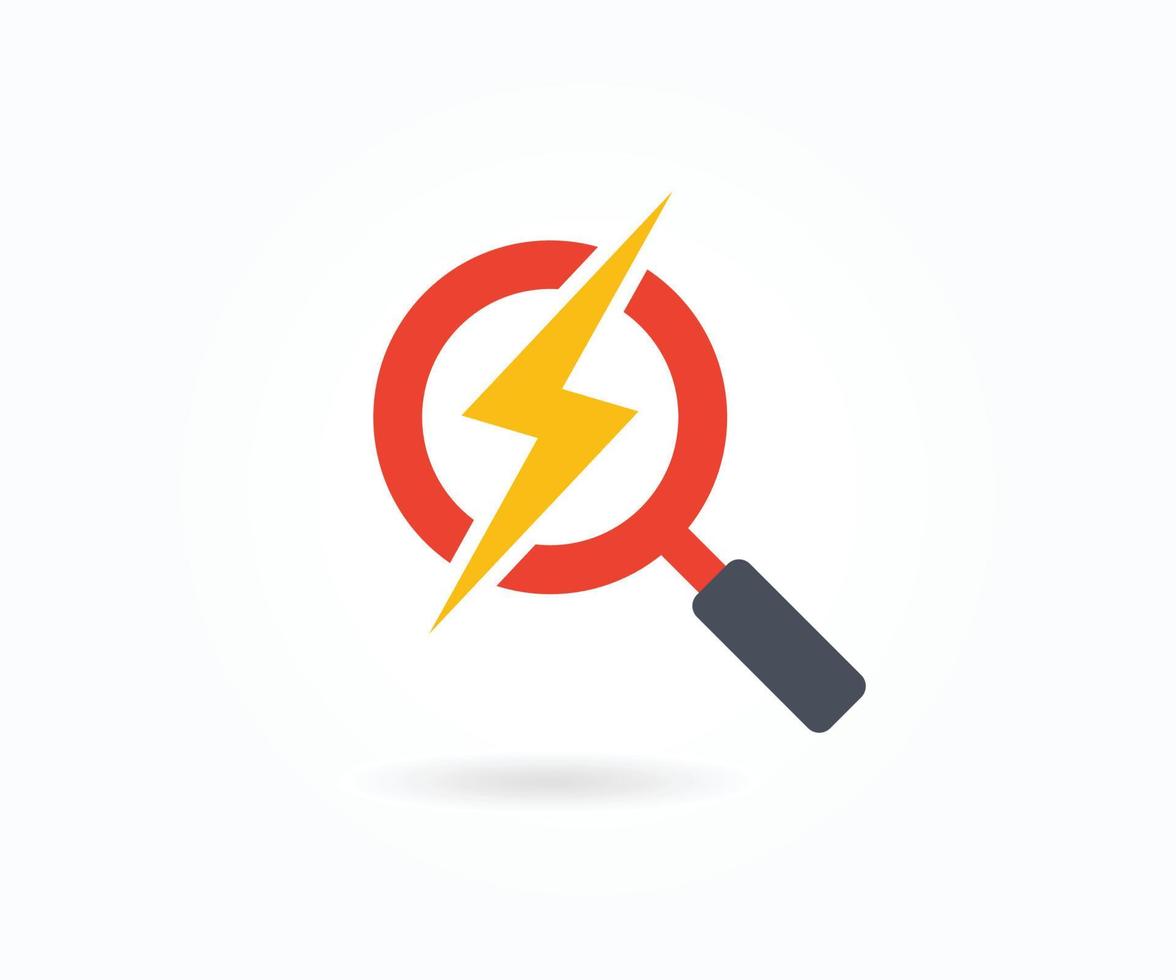 Vergrößerung Glas Logo mit Blitz im das Mitte. Blitz Logo mit Vergrößerung Glas Symbol Vektor